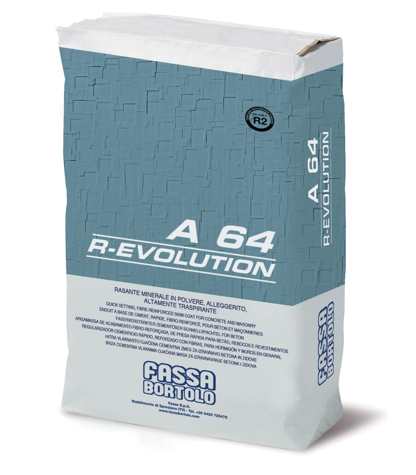 A 64 R-EVOLUTION: Fibre-reinforced, water repellent mineral skim coat made from lime and hydraulic binders, for application on surfaces with high mechanical strength, for interiors and exteriors