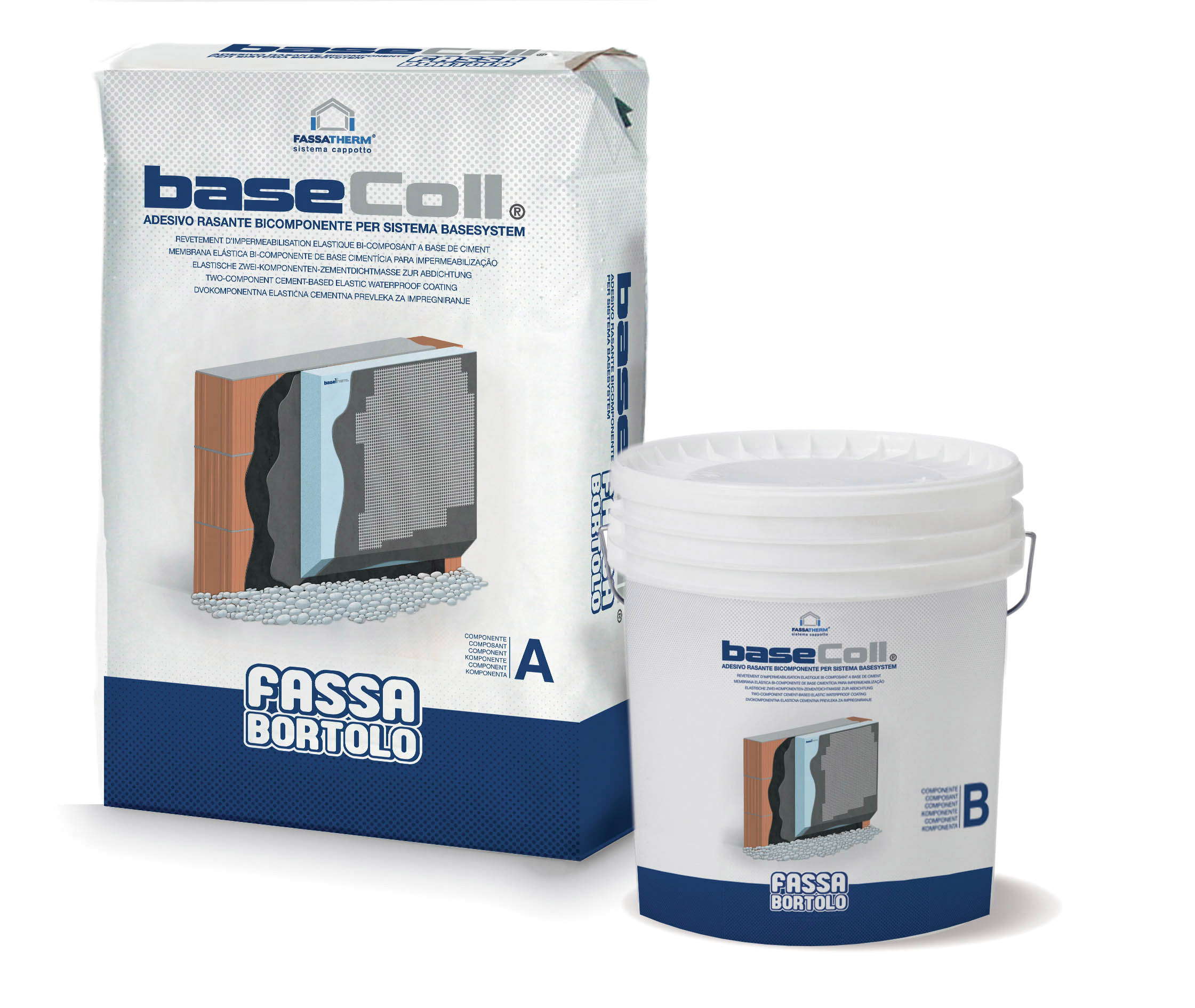 BASECOLL: Two-component waterproof cement adhesive-skim coat for bonding and smoothing off EPS skirting panels